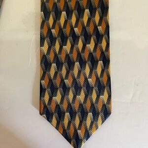 Gorgeous SILK navy, orange and gold tie. SILK